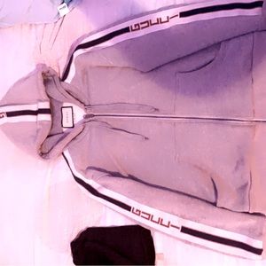 A Gucci striped webbing zipper autumn unisex grey hoodie